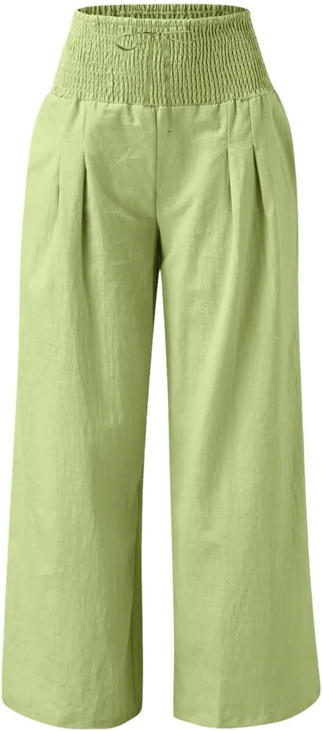 Wide Leg Linen Pants for Women Summer High Waisted Pant Palazzo Lounge Trousers Boho Beach Drawstring Pants with Pocket