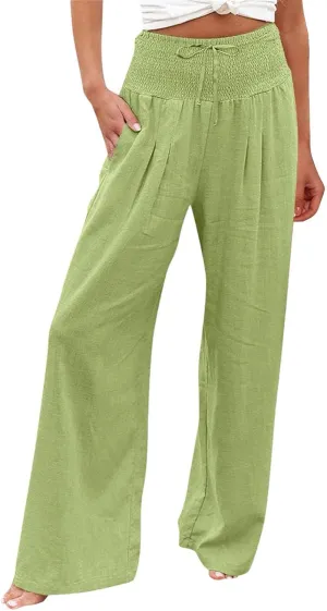 Wide Leg Linen Pants for Women Summer High Waisted Pant Palazzo Lounge Trousers Boho Beach Drawstring Pants with Pocket