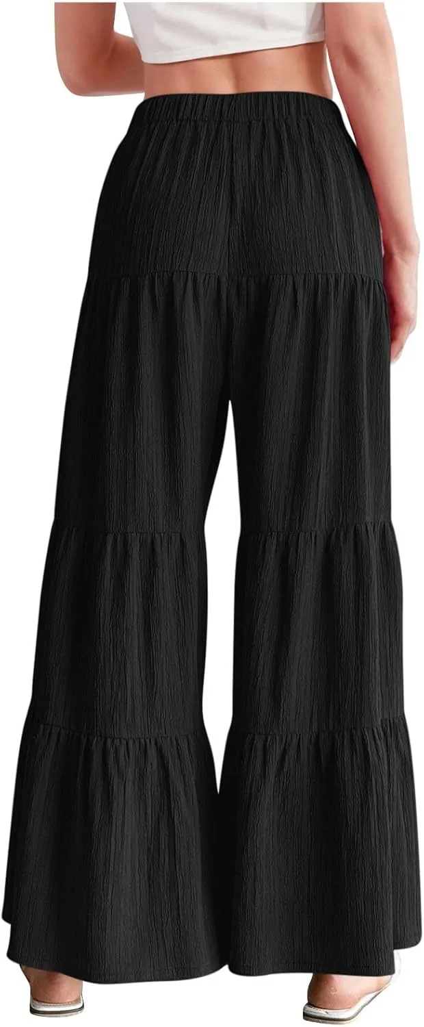 Wide Leg Palazzo Pants for Women Elastic High Waist Pleat Trousers 2025 Fashion Solid Color Baggy Flowy Summer Pants