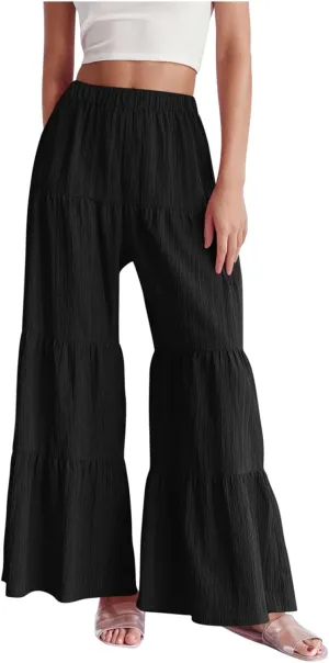 Wide Leg Palazzo Pants for Women Elastic High Waist Pleat Trousers 2025 Fashion Solid Color Baggy Flowy Summer Pants