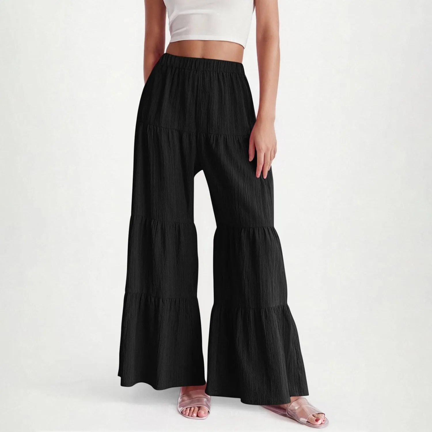 Wide Leg Palazzo Pants for Women Elastic High Waist Pleat Trousers 2025 Fashion Solid Color Baggy Flowy Summer Pants