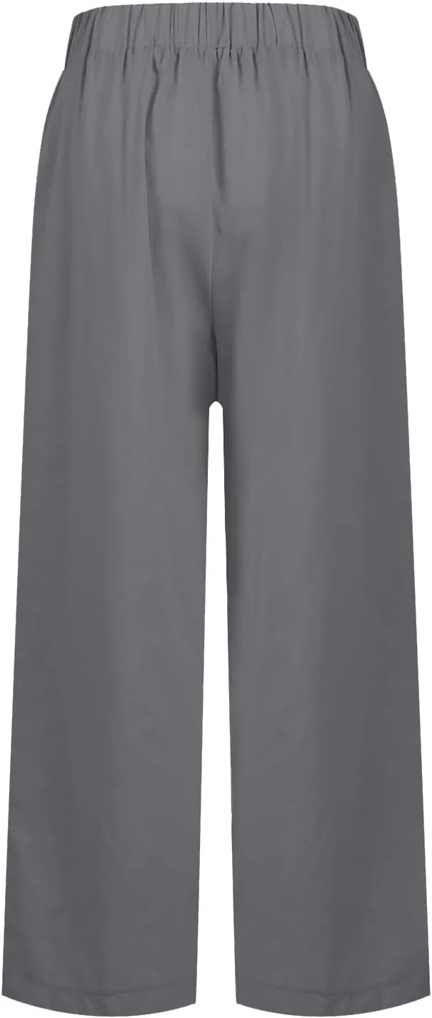 Wide Leg Pants Woman Casual Linen Elastic Waisted Pants Straight Loose Comfy Trousers Solid Sweatpants with Pocket