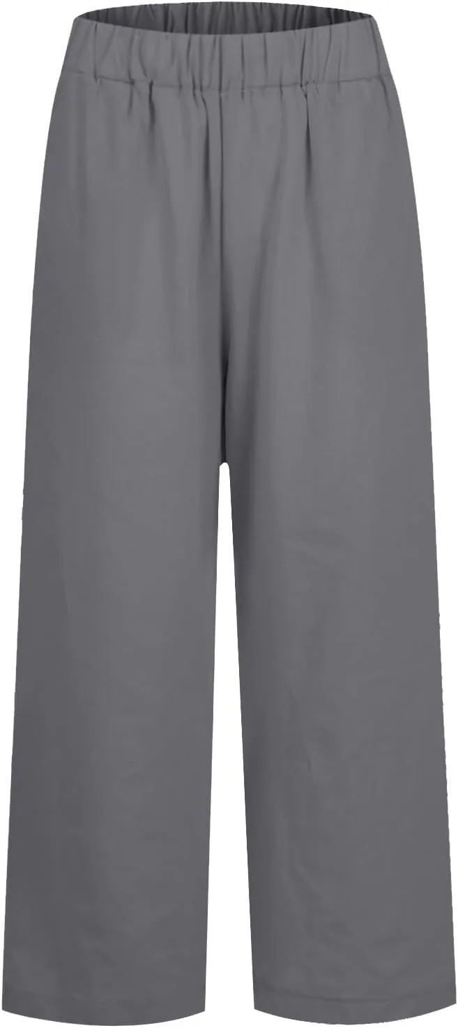 Wide Leg Pants Woman Casual Linen Elastic Waisted Pants Straight Loose Comfy Trousers Solid Sweatpants with Pocket