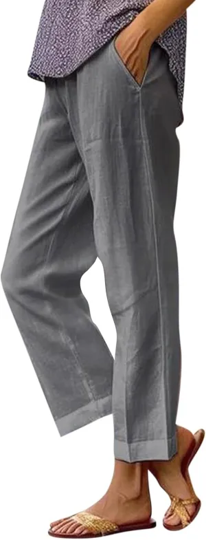 Wide Leg Pants Woman Casual Linen Elastic Waisted Pants Straight Loose Comfy Trousers Solid Sweatpants with Pocket