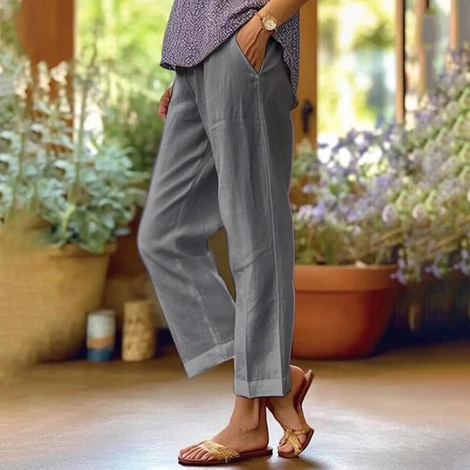 Wide Leg Pants Woman Casual Linen Elastic Waisted Pants Straight Loose Comfy Trousers Solid Sweatpants with Pocket