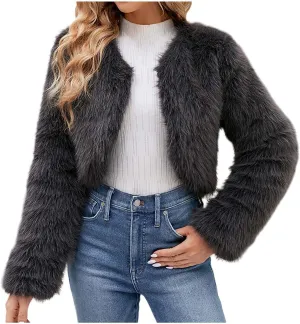 Winter Coats for Women 2023 Trendy Faux Fur Shaggy Jacket Cropped Long Sleeve Tops Open Front Coat Cardigan Outerwear