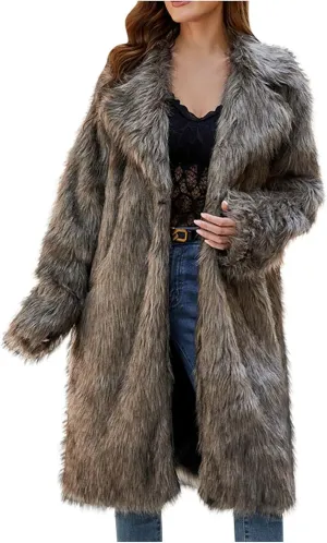Winter Coats for Women Long Faux Fur Cardigan Leopard Print Fuzzy Jacket Fleece Trench Coat Elegant Cardigan Coat