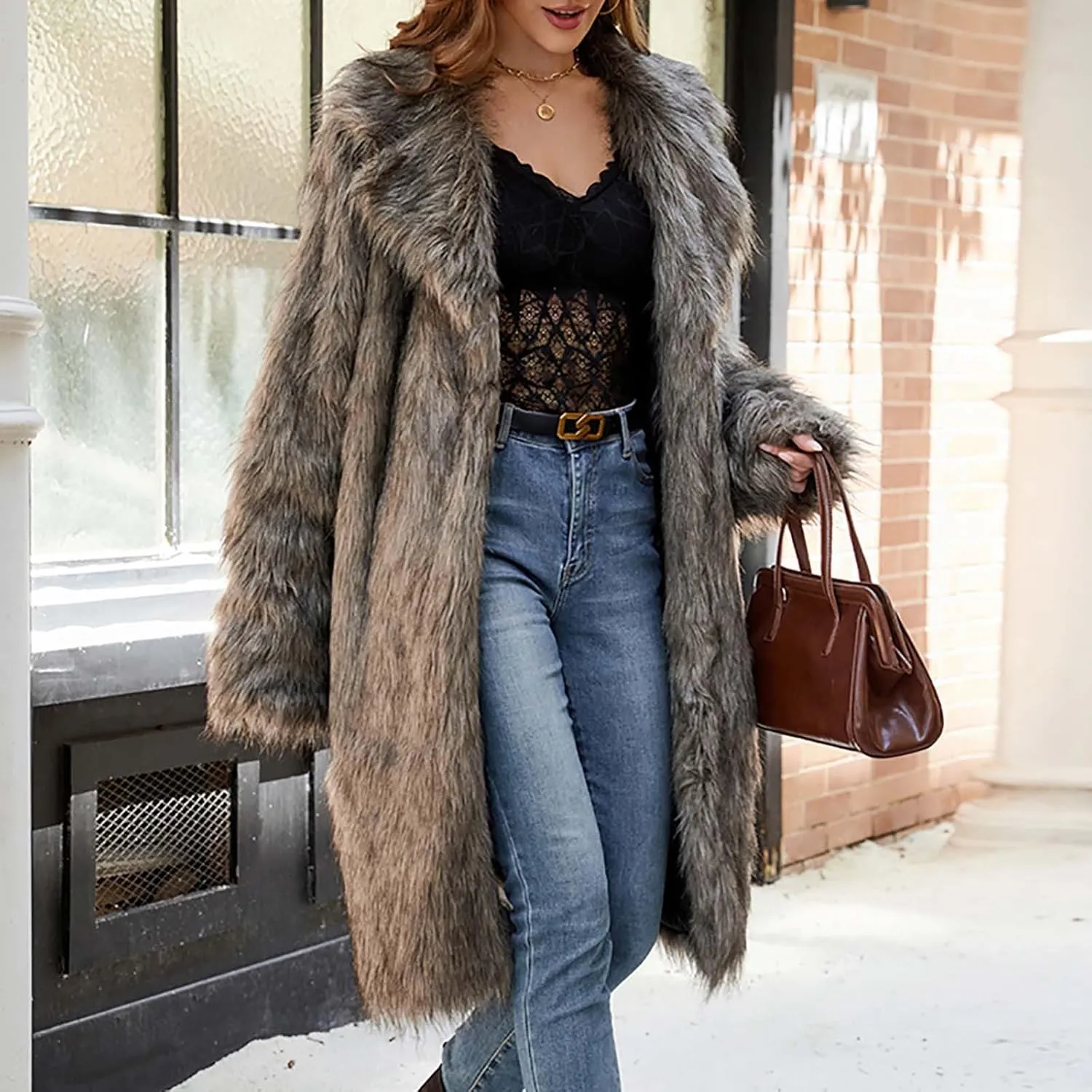 Winter Coats for Women Long Faux Fur Cardigan Leopard Print Fuzzy Jacket Fleece Trench Coat Elegant Cardigan Coat