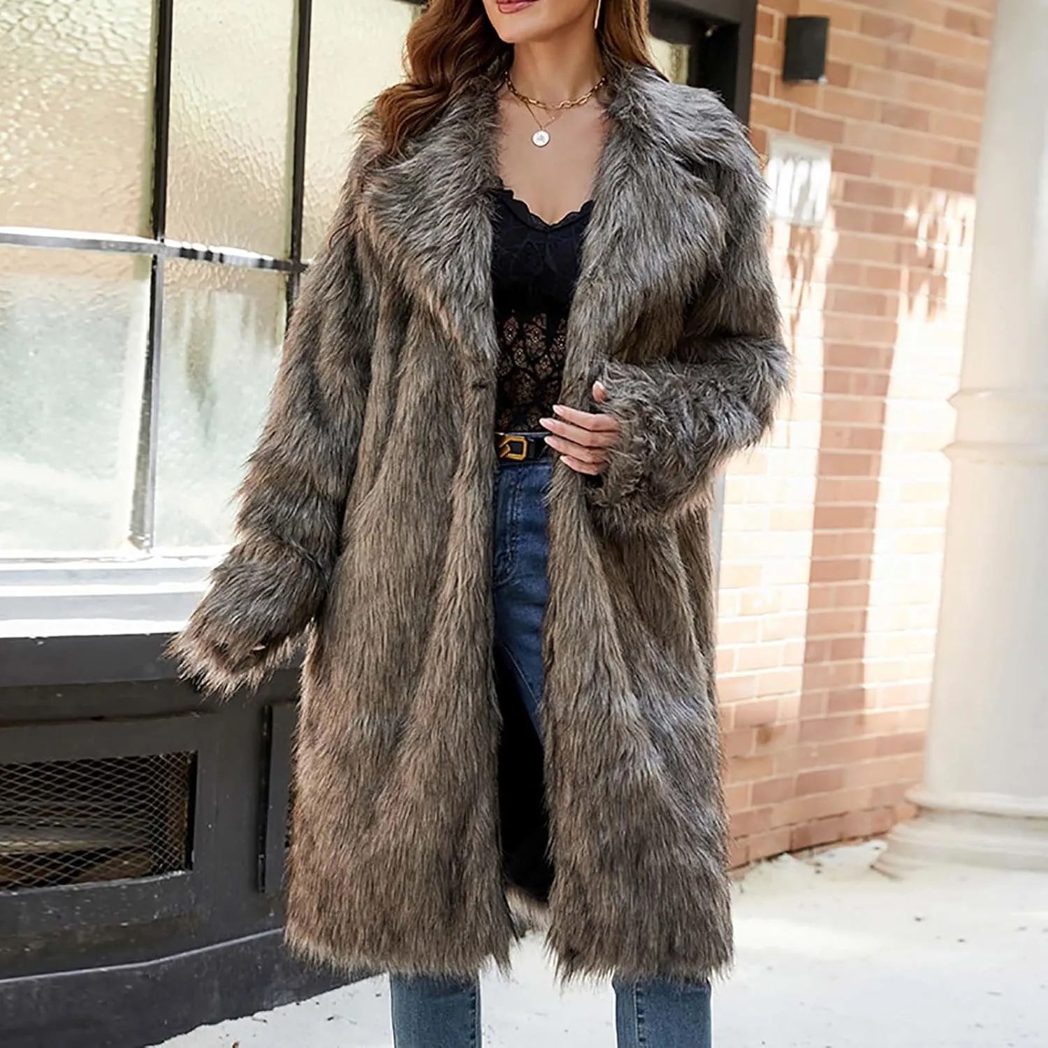 Winter Coats for Women Long Faux Fur Cardigan Leopard Print Fuzzy Jacket Fleece Trench Coat Elegant Cardigan Coat