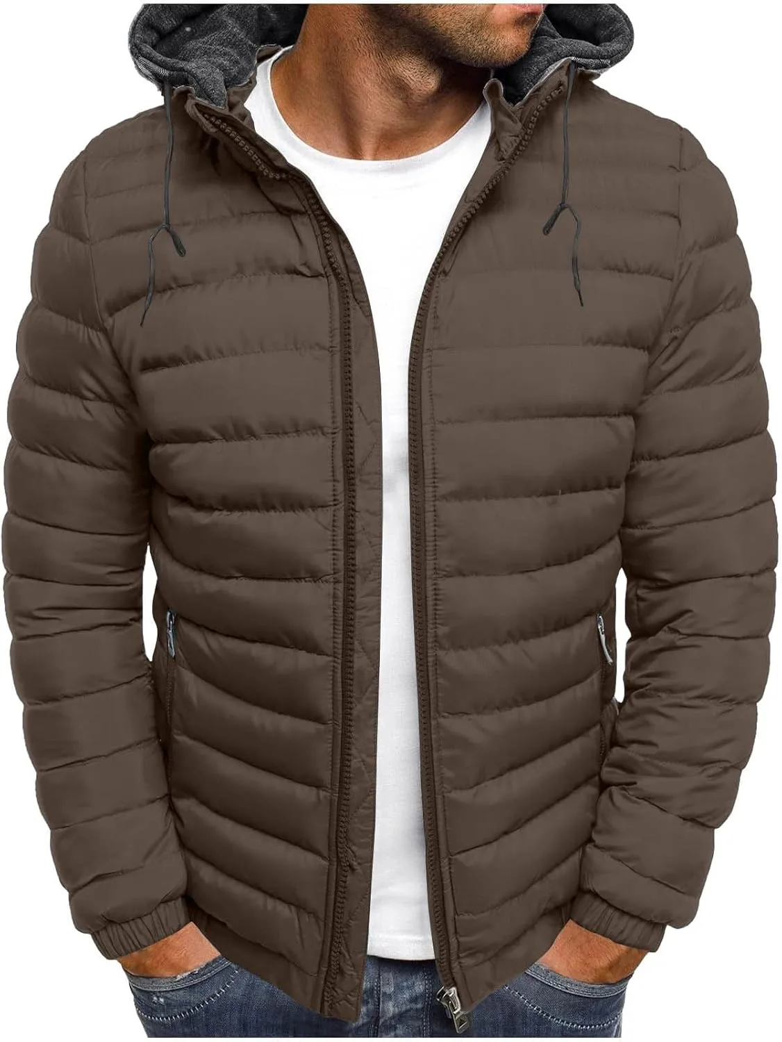Winter Jacket for Men Lightweight Puffer Jackets Zip Up Padded Coat Packable Down Jacket Quilted Hooded Outerwear