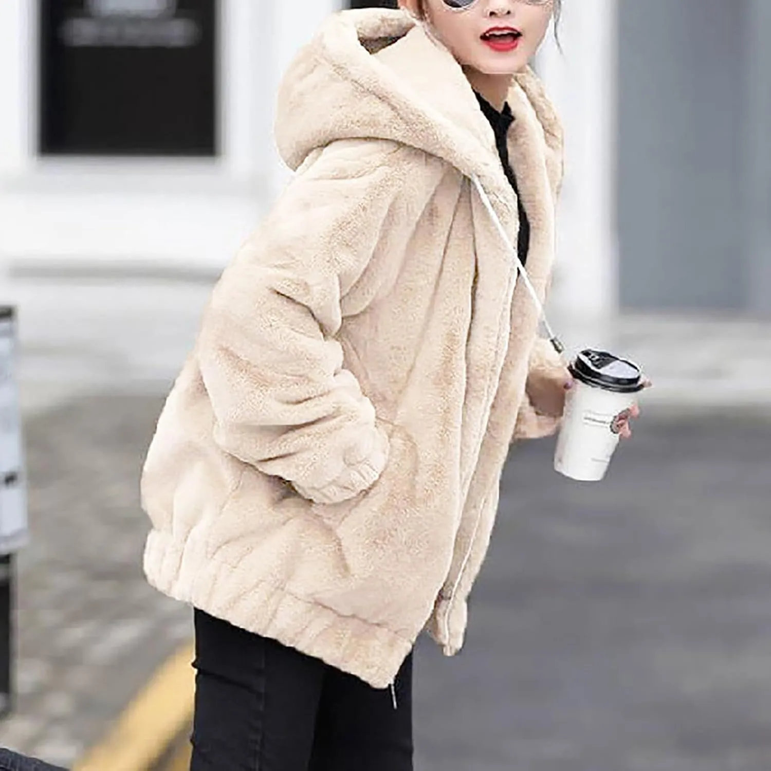 Winter Jackets For Women,Womens Solid Full Zip Up Sherpa Hoodies With Pockets Fuzzy Fleece Oversized Coat