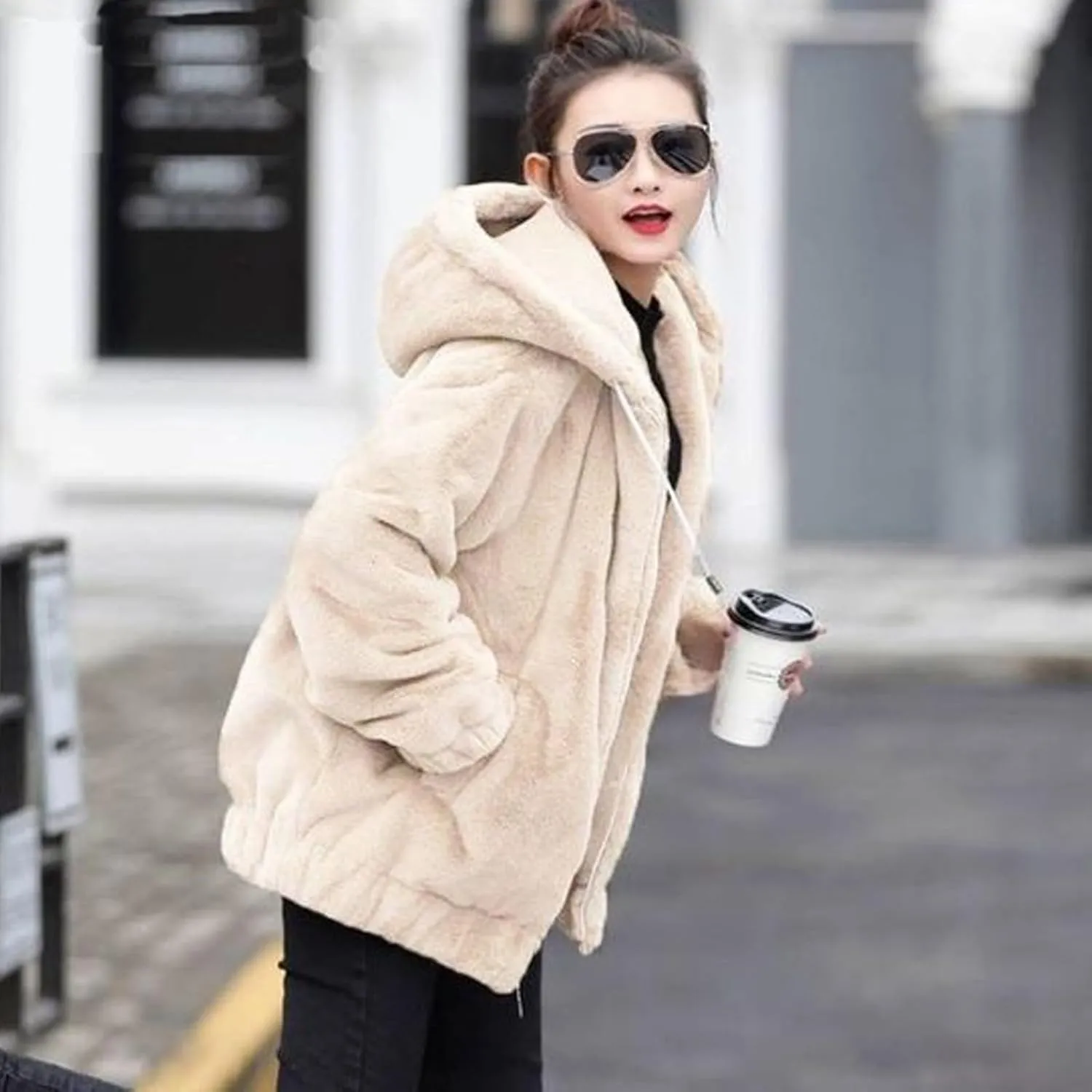 Winter Jackets For Women,Womens Solid Full Zip Up Sherpa Hoodies With Pockets Fuzzy Fleece Oversized Coat