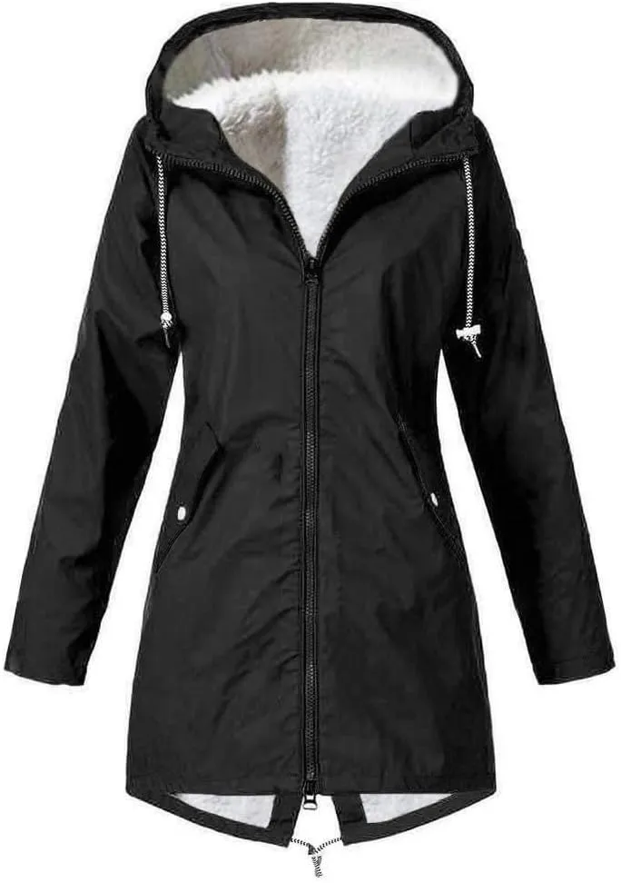 Wkishenl Waterproof Rain Coat Women Fall Winter Fleece Lined Outdoor Trench Coats Plus Size Windbreaker Rain Jacket