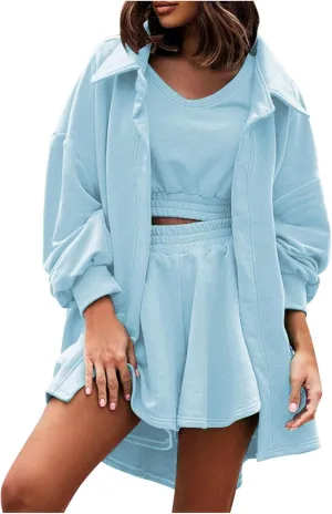 Women 3 Piece Tank Tops Long Sleeve Shirts Vest Shorts Set Casual V-Neck Blouse Sleeveless Camisole Loose Fit Clothes