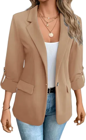 Women Blazers 3/4 Roll Sleeve Lapel Blazer Jacket Button Down Open Front Coat Casual Business Jackets with Pockets