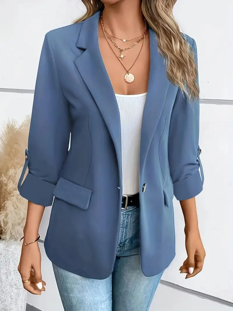 Women Blazers 3/4 Roll Sleeve Lapel Blazer Jacket Button Down Open Front Coat Casual Business Jackets with Pockets