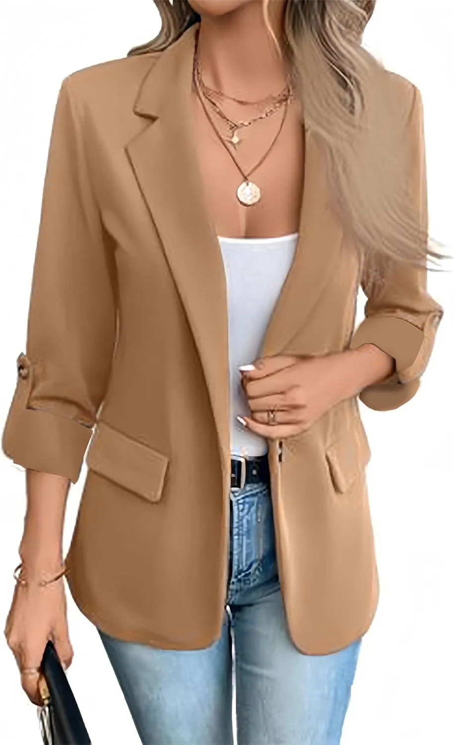 Women Blazers 3/4 Roll Sleeve Lapel Blazer Jacket Button Down Open Front Coat Casual Business Jackets with Pockets