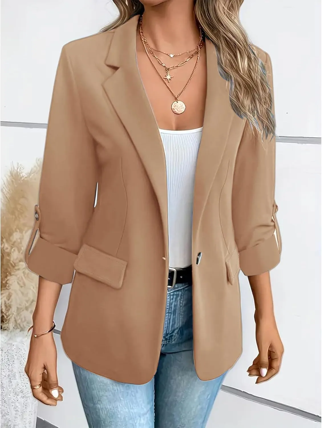 Women Blazers 3/4 Roll Sleeve Lapel Blazer Jacket Button Down Open Front Coat Casual Business Jackets with Pockets