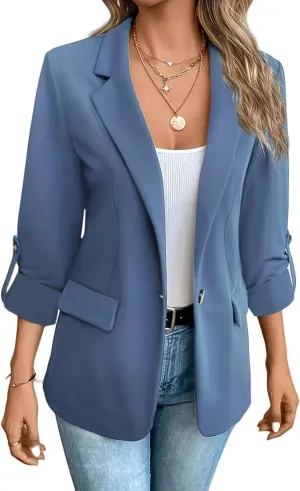 Women Blazers 3/4 Roll Sleeve Lapel Blazer Jacket Button Down Open Front Coat Casual Business Jackets with Pockets