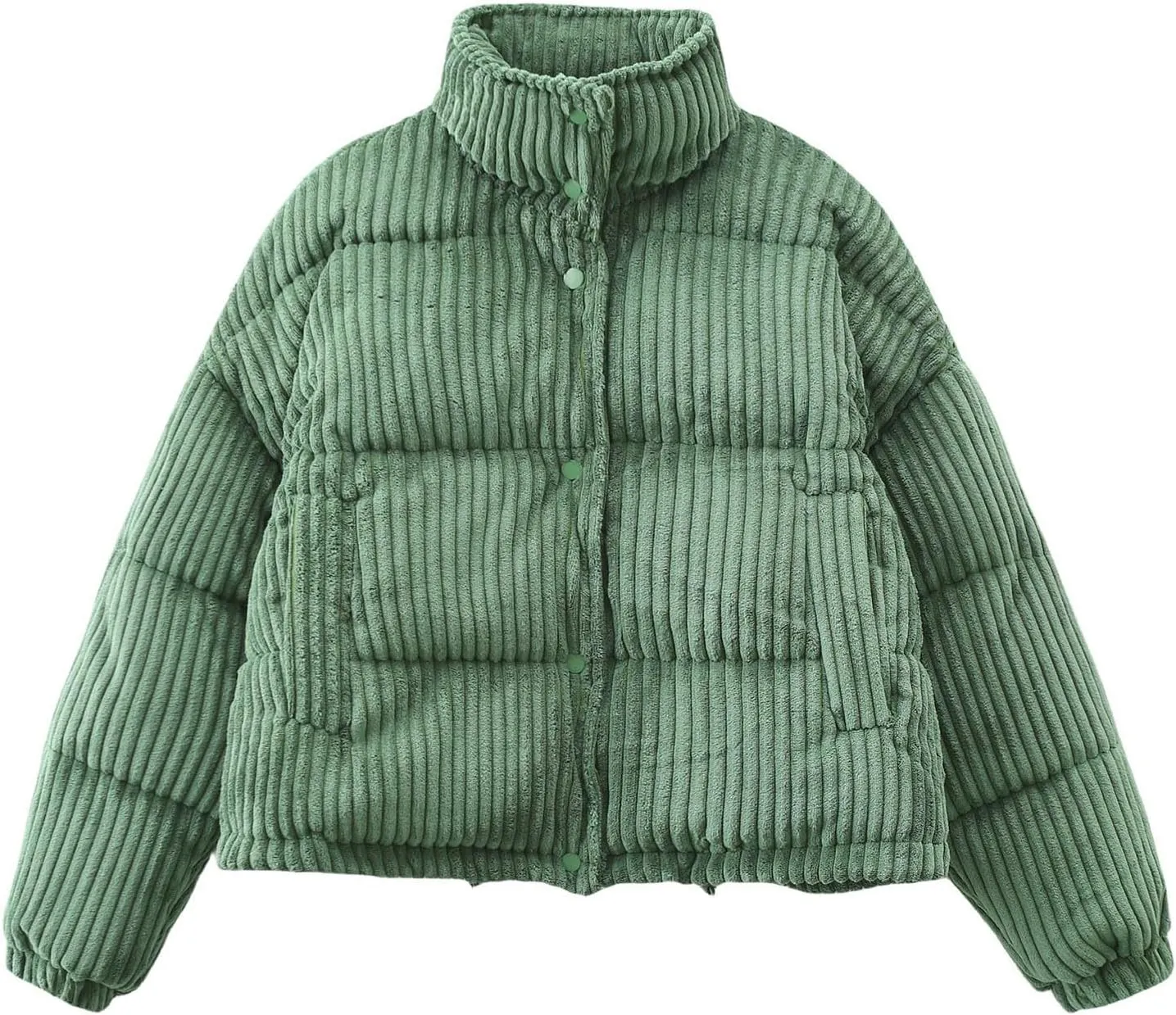 Women Corduroy Puffer Jacket Full-Zip Stand Collar Short Padded Coat 2024 Winter Warm Thicken Long Sleeve Down Jacket