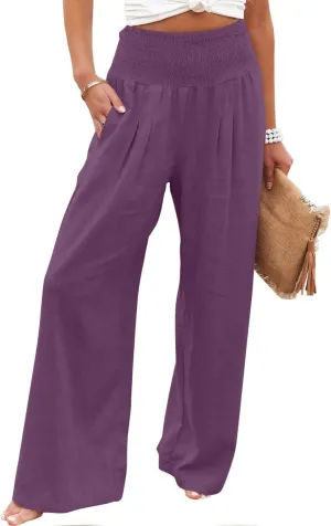 Women Cotton Linen Pant Summer Wide Leg Palazzo Pants Loose Fit Lightweight Slacks High Waist Lounge Trousers