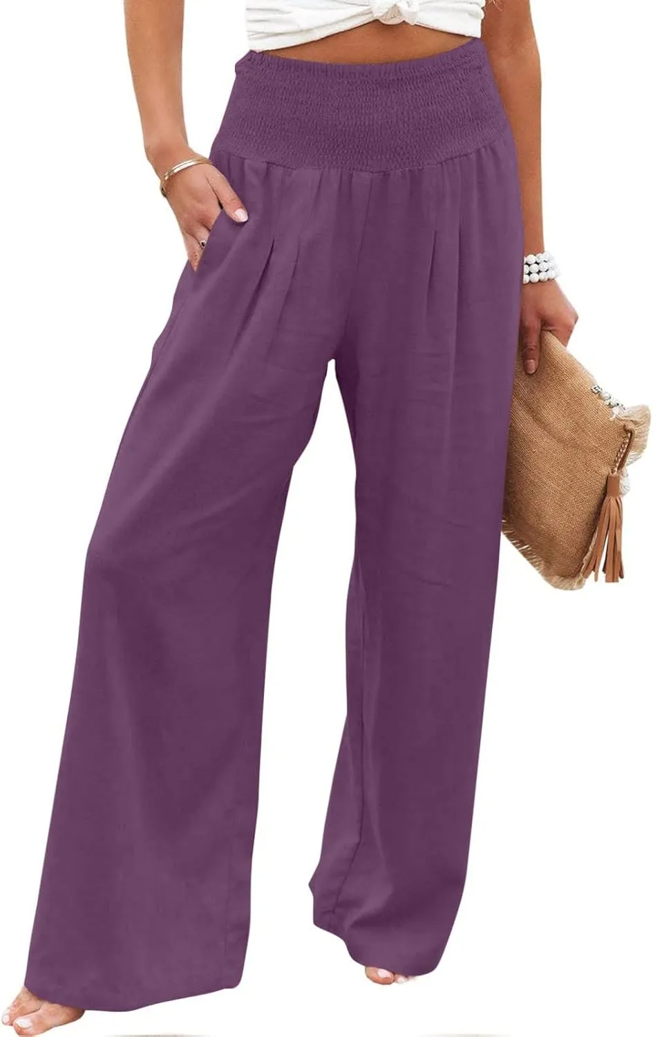 Women Cotton Linen Pant Summer Wide Leg Palazzo Pants Loose Fit Lightweight Slacks High Waist Lounge Trousers