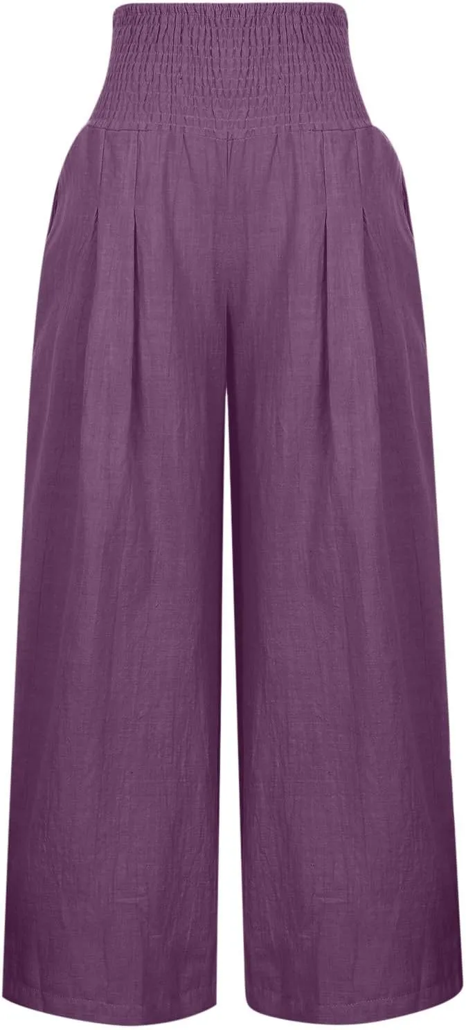 Women Cotton Linen Pant Summer Wide Leg Palazzo Pants Loose Fit Lightweight Slacks High Waist Lounge Trousers