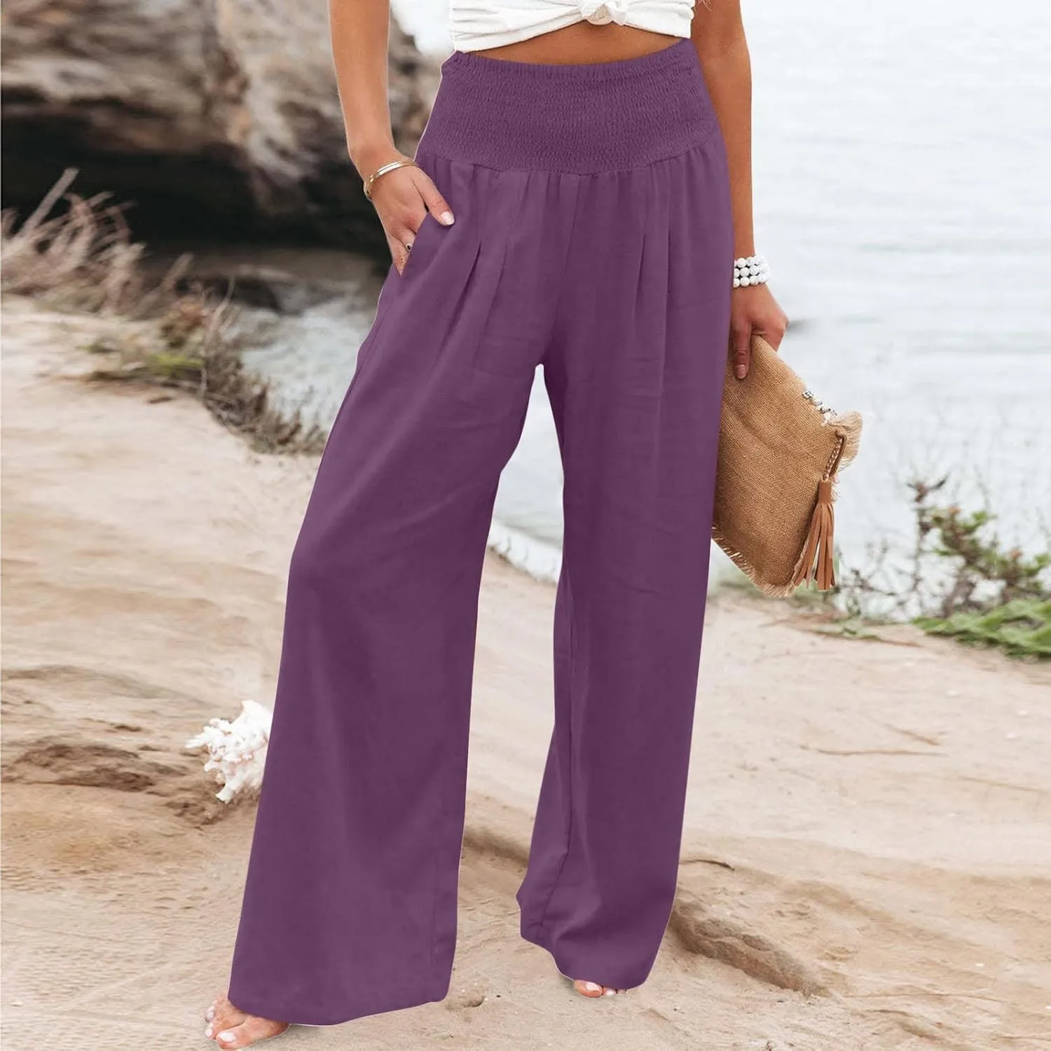 Women Cotton Linen Pant Summer Wide Leg Palazzo Pants Loose Fit Lightweight Slacks High Waist Lounge Trousers