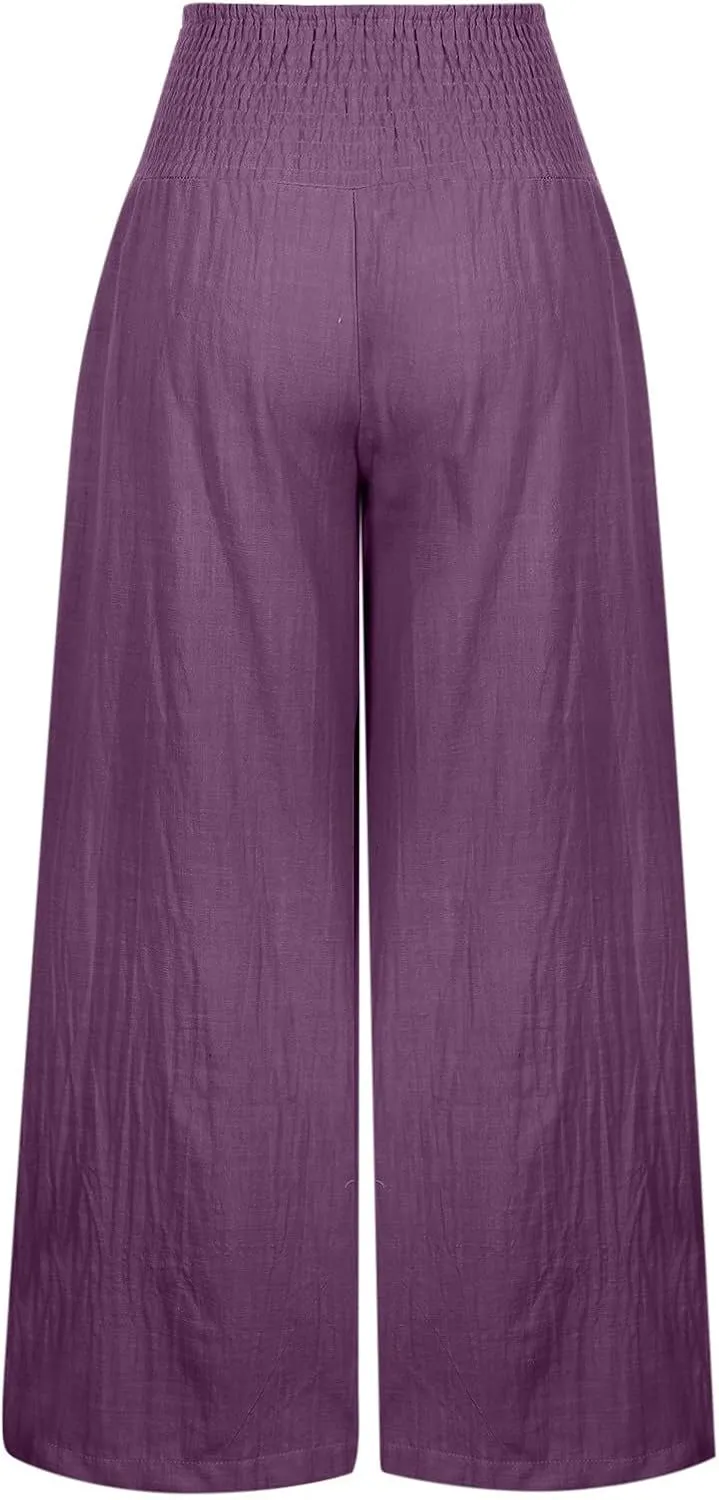 Women Cotton Linen Pant Summer Wide Leg Palazzo Pants Loose Fit Lightweight Slacks High Waist Lounge Trousers