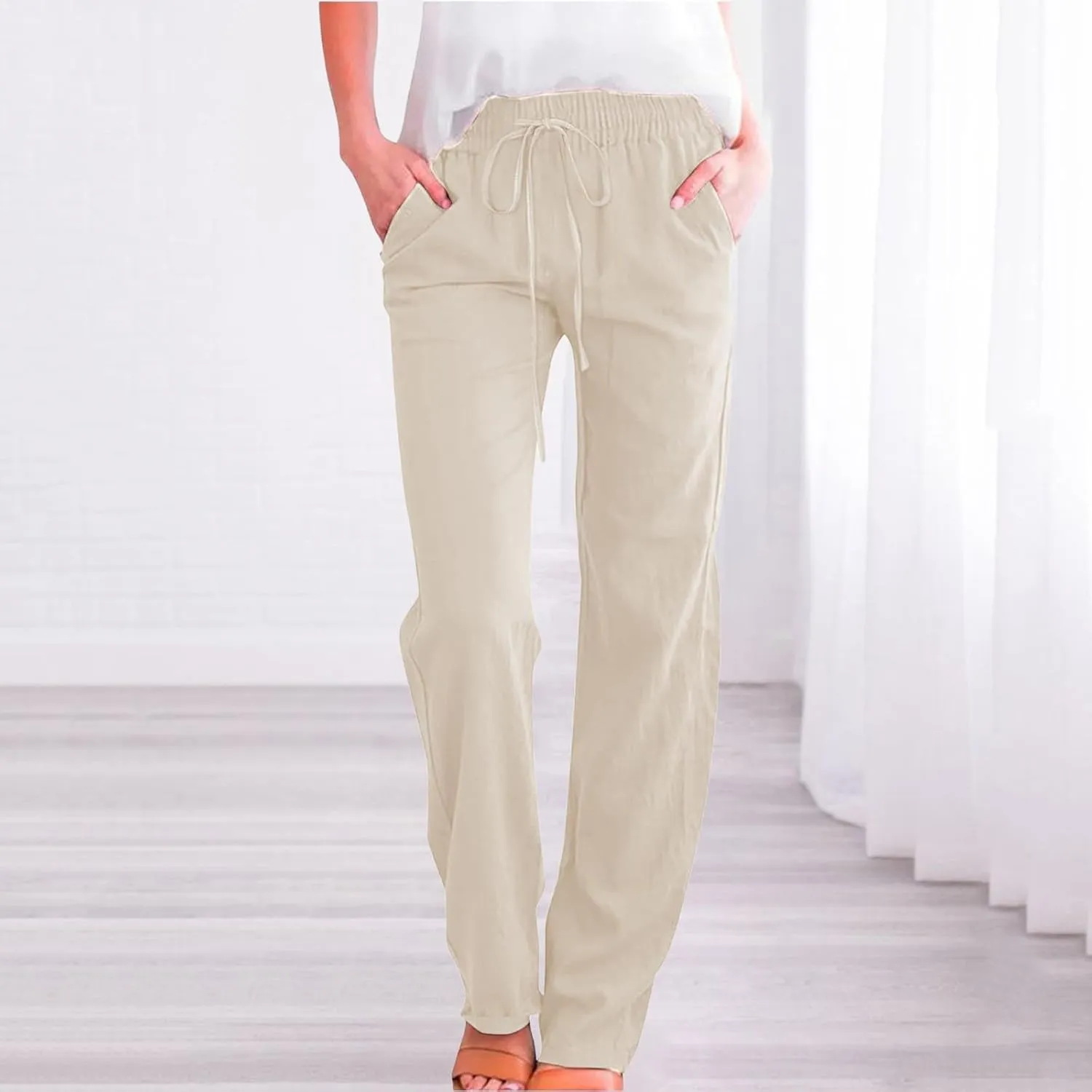Women Cotton Linen Pants Casual Summer High Waist Drawstring Straight Leg Trousers Relax Fit Lightweight Sport Pants