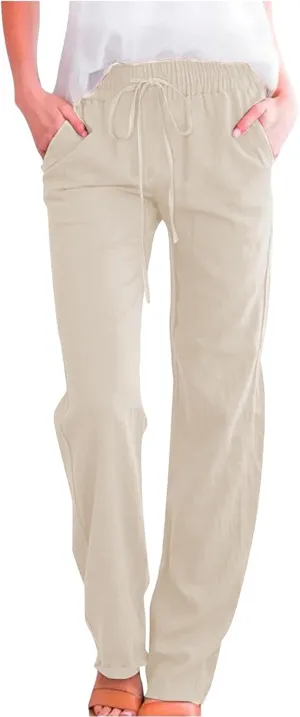 Women Cotton Linen Pants Casual Summer High Waist Drawstring Straight Leg Trousers Relax Fit Lightweight Sport Pants