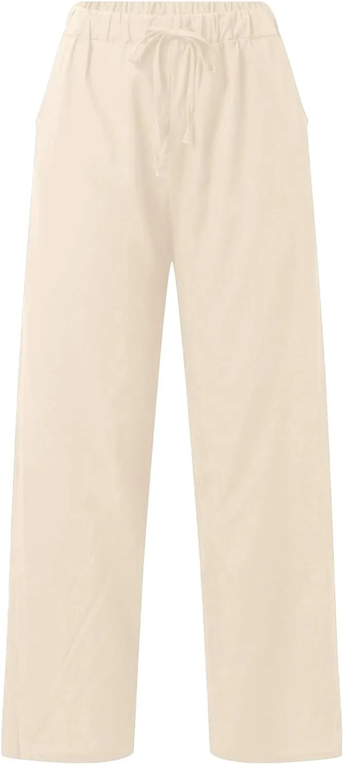 Women Cotton Linen Pants Casual Summer High Waist Drawstring Straight Leg Trousers Relax Fit Lightweight Sport Pants