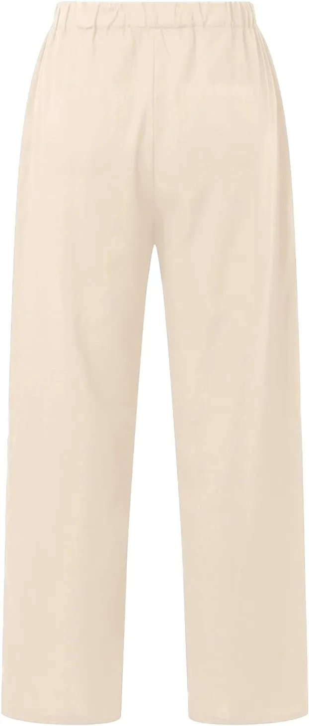 Women Cotton Linen Pants Casual Summer High Waist Drawstring Straight Leg Trousers Relax Fit Lightweight Sport Pants