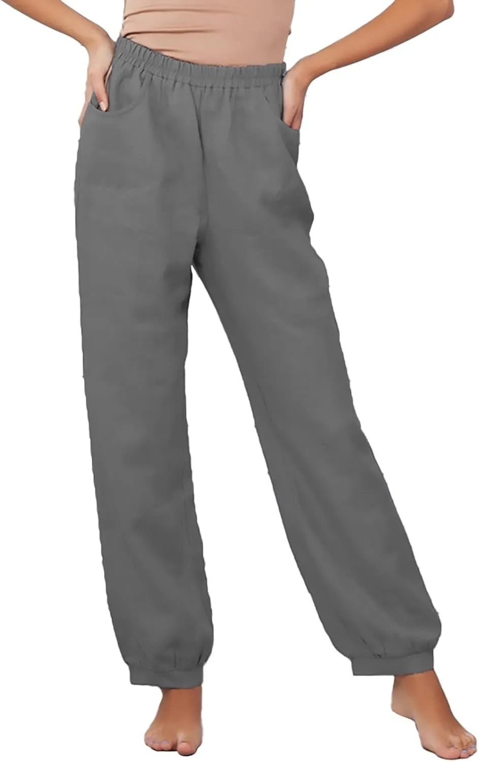 Women Cotton Linen Pants Elastic Waist Straight Wide Leg Pants Summer Casual Vacation Long Trousers with Pockets 2025