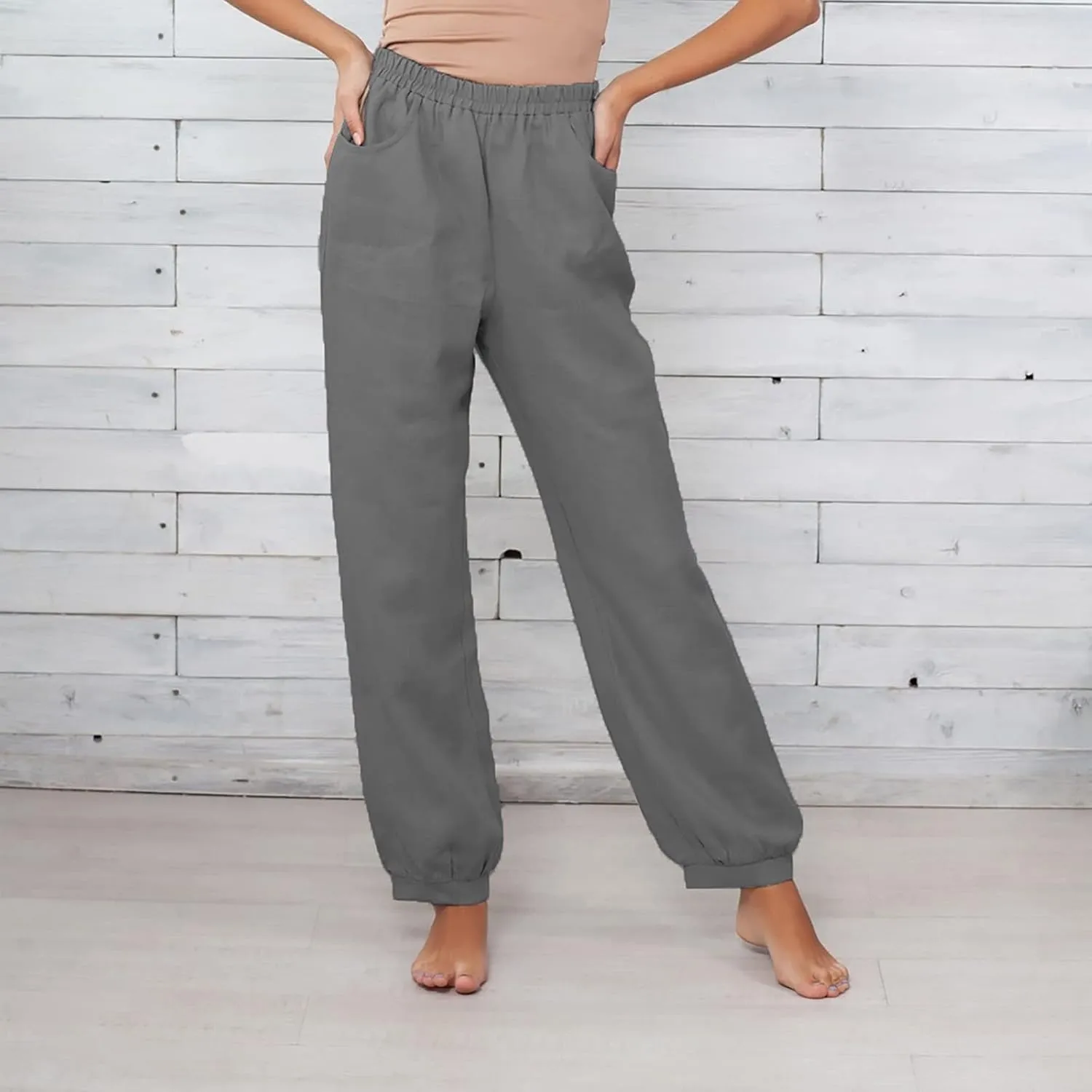 Women Cotton Linen Pants Elastic Waist Straight Wide Leg Pants Summer Casual Vacation Long Trousers with Pockets 2025
