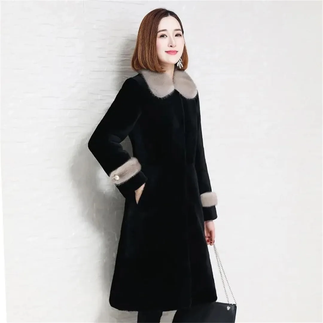 Women Faux Fur Outerwear Mother Collar Cotton Padded Warm Slim Mid Length Shearling Coat