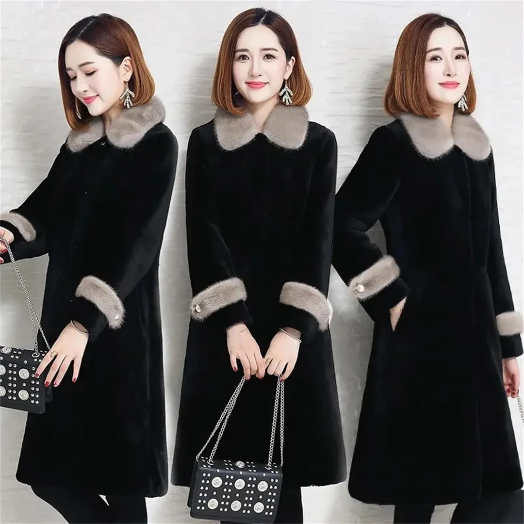 Women Faux Fur Outerwear Mother Collar Cotton Padded Warm Slim Mid Length Shearling Coat
