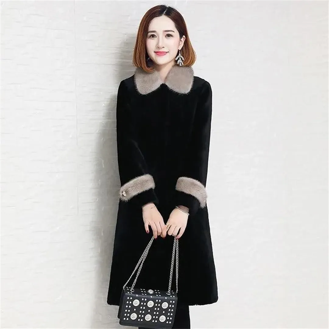 Women Faux Fur Outerwear Mother Collar Cotton Padded Warm Slim Mid Length Shearling Coat