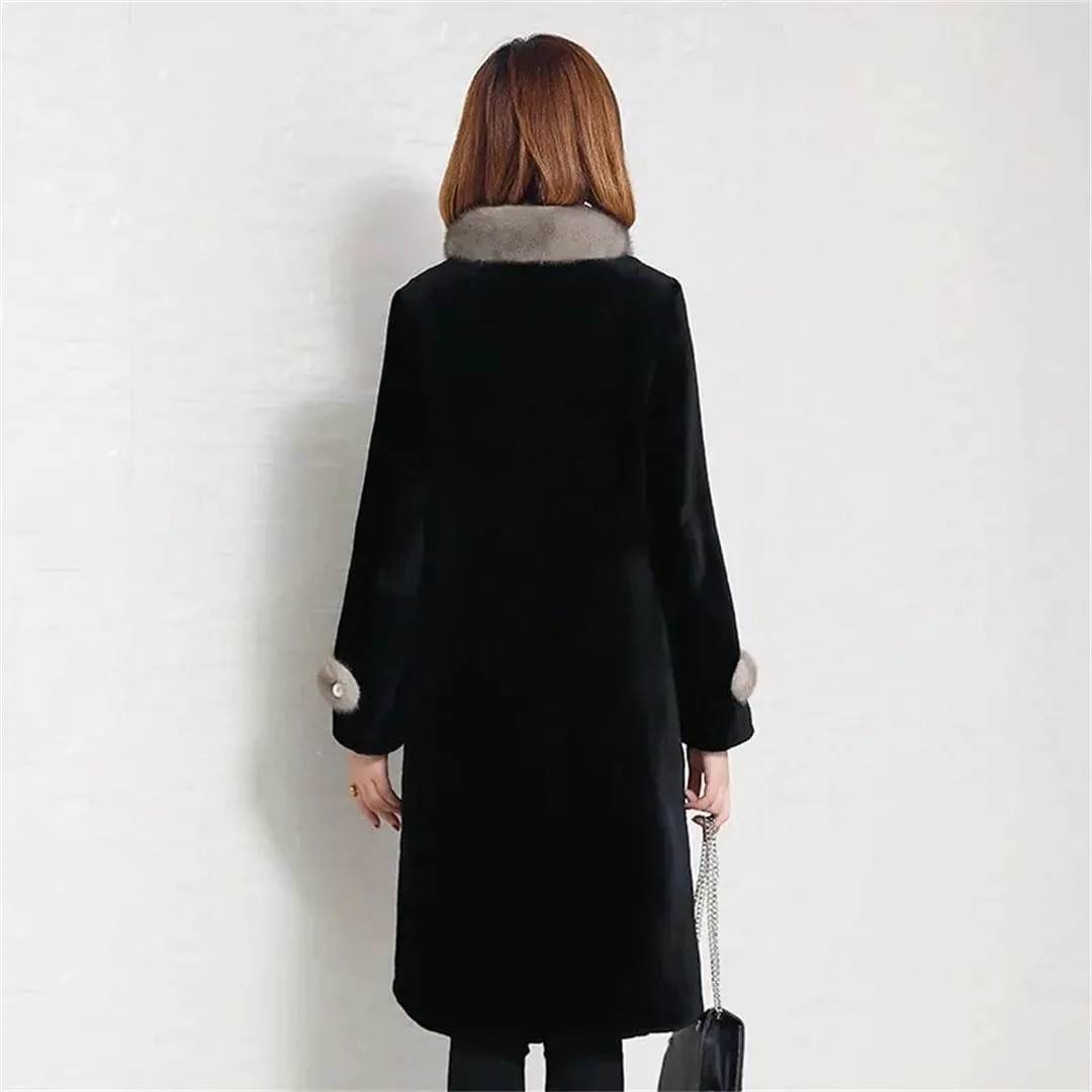 Women Faux Fur Outerwear Mother Collar Cotton Padded Warm Slim Mid Length Shearling Coat