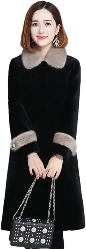 Women Faux Fur Outerwear Mother Collar Cotton Padded Warm Slim Mid Length Shearling Coat