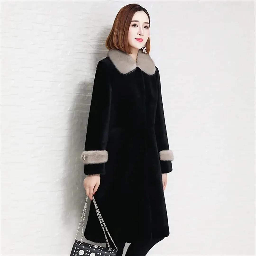 Women Faux Fur Outerwear Mother Collar Cotton Padded Warm Slim Mid Length Shearling Coat