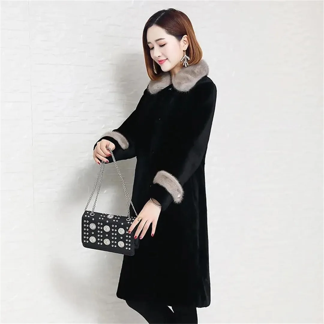 Women Faux Fur Outerwear Mother Collar Cotton Padded Warm Slim Mid Length Shearling Coat