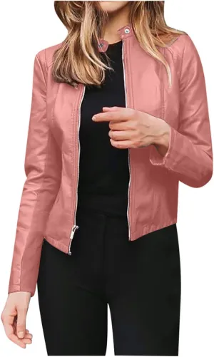 Women Faux Leather Casual Jacket, Fall and Spring Fashion Motorcycle Bike Jacket Coat Zip Up Cardigan Outerwear