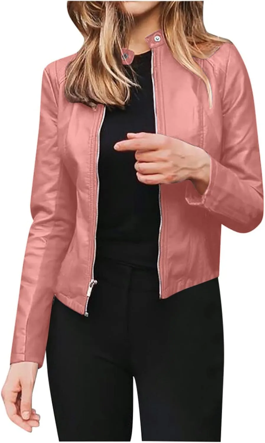 Women Faux Leather Casual Jacket, Fall and Spring Fashion Motorcycle Bike Jacket Coat Zip Up Cardigan Outerwear