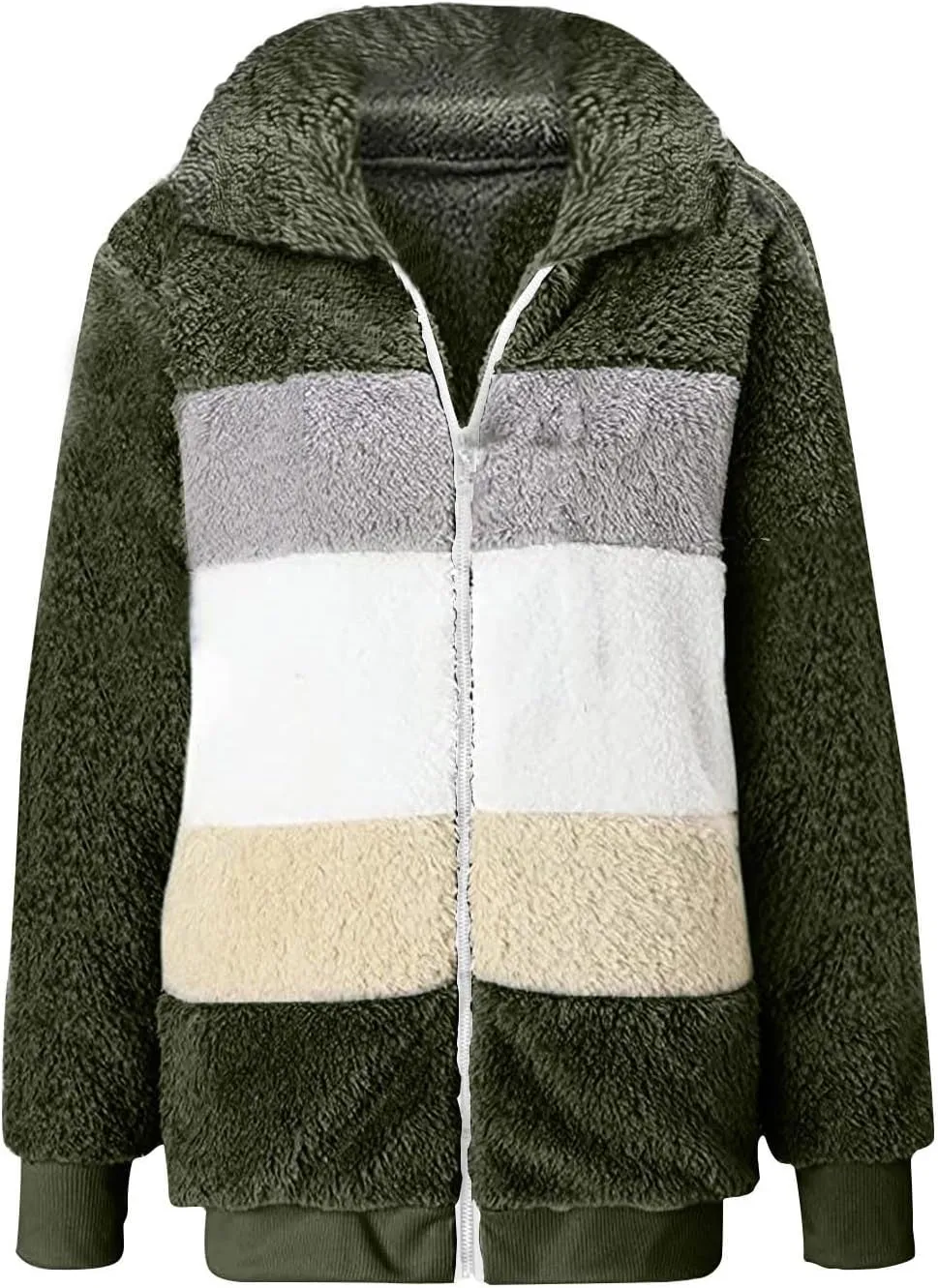 Women Fuzzy Fleece Jacket Plus Size Fall Winter Coat Zipper Warm Turn Down Collar Lightweight Pocket Outerwear
