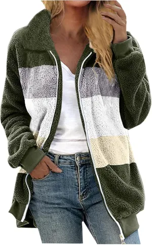 Women Fuzzy Fleece Jacket Plus Size Fall Winter Coat Zipper Warm Turn Down Collar Lightweight Pocket Outerwear
