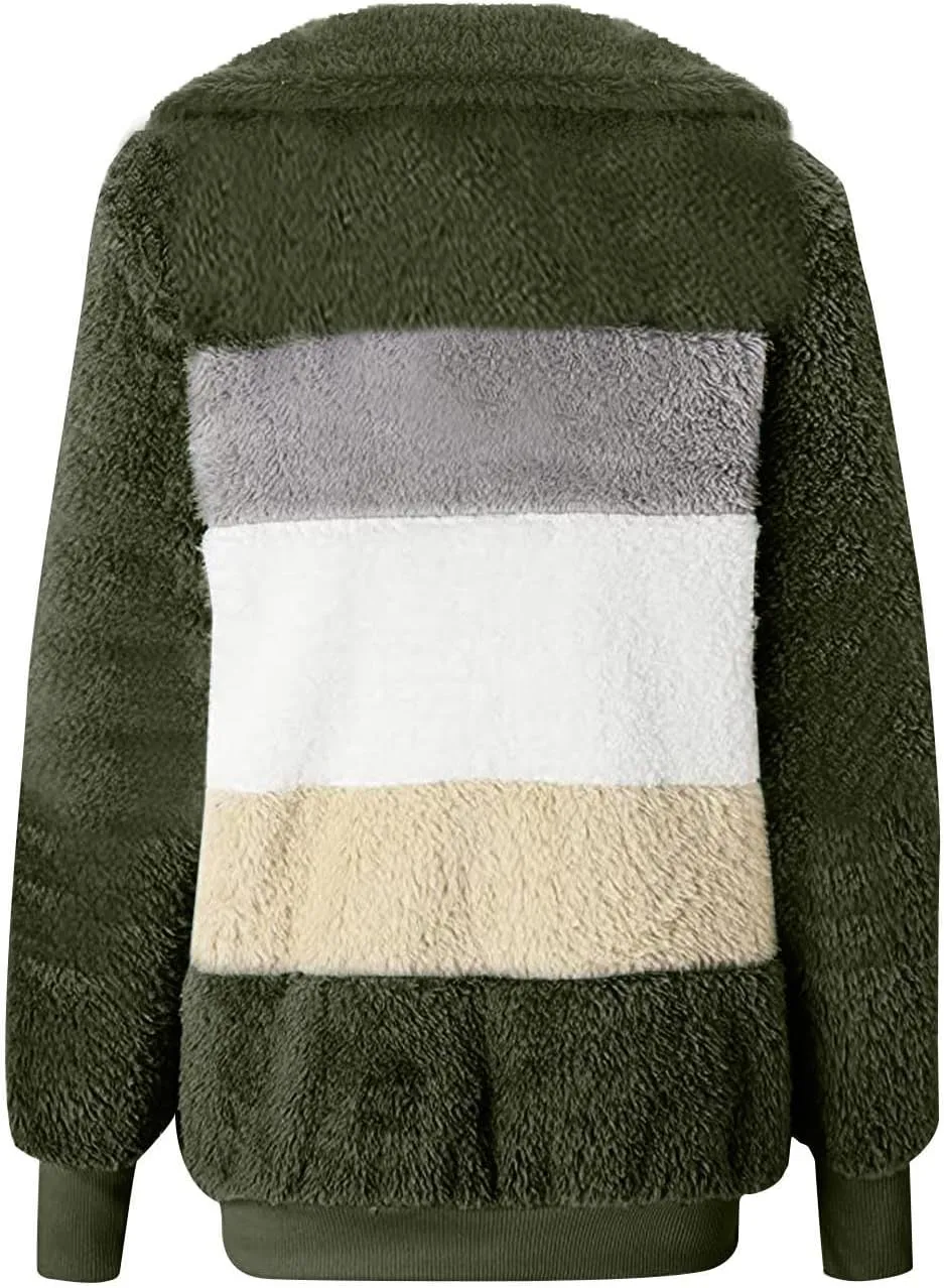 Women Fuzzy Fleece Jacket Plus Size Fall Winter Coat Zipper Warm Turn Down Collar Lightweight Pocket Outerwear