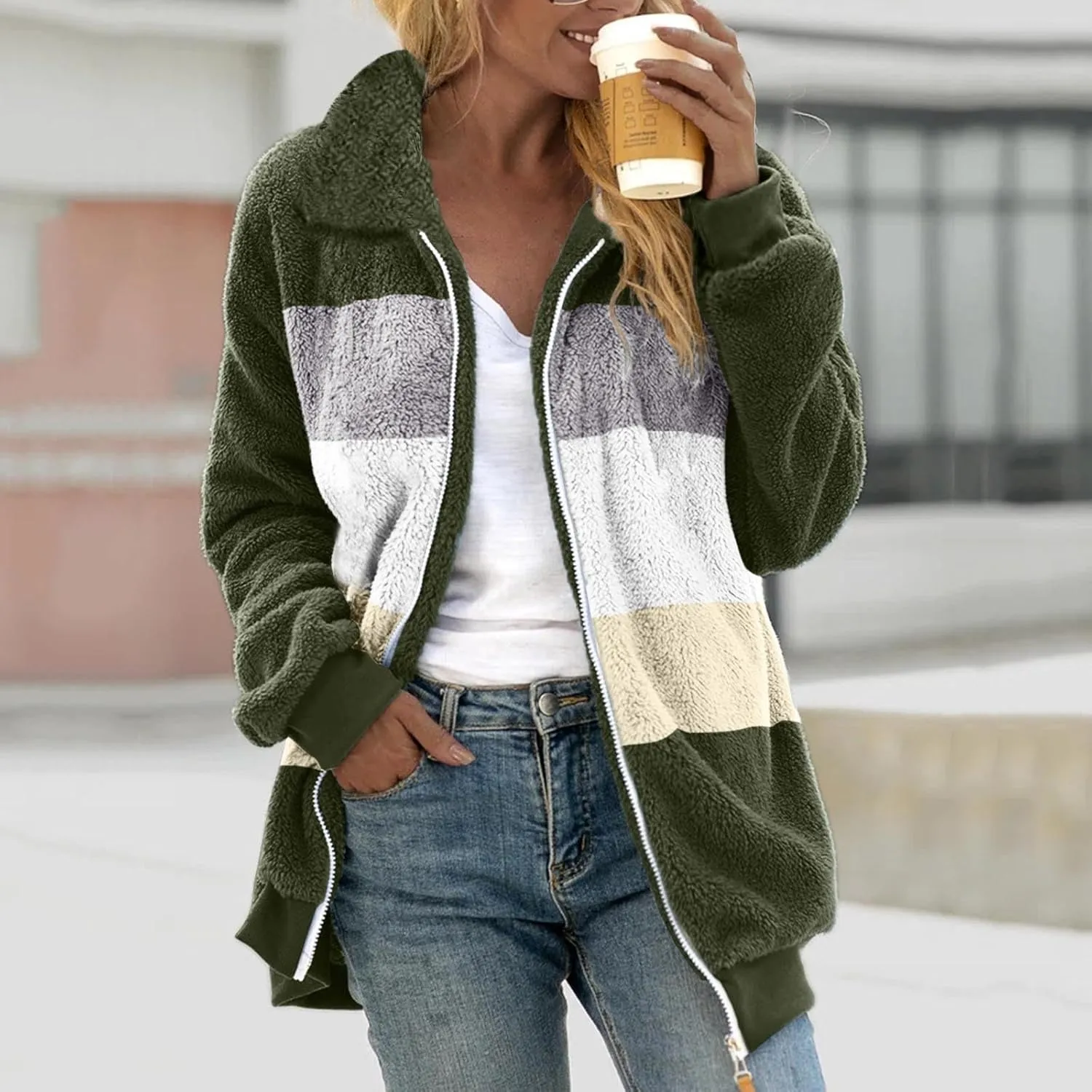 Women Fuzzy Fleece Jacket Plus Size Fall Winter Coat Zipper Warm Turn Down Collar Lightweight Pocket Outerwear
