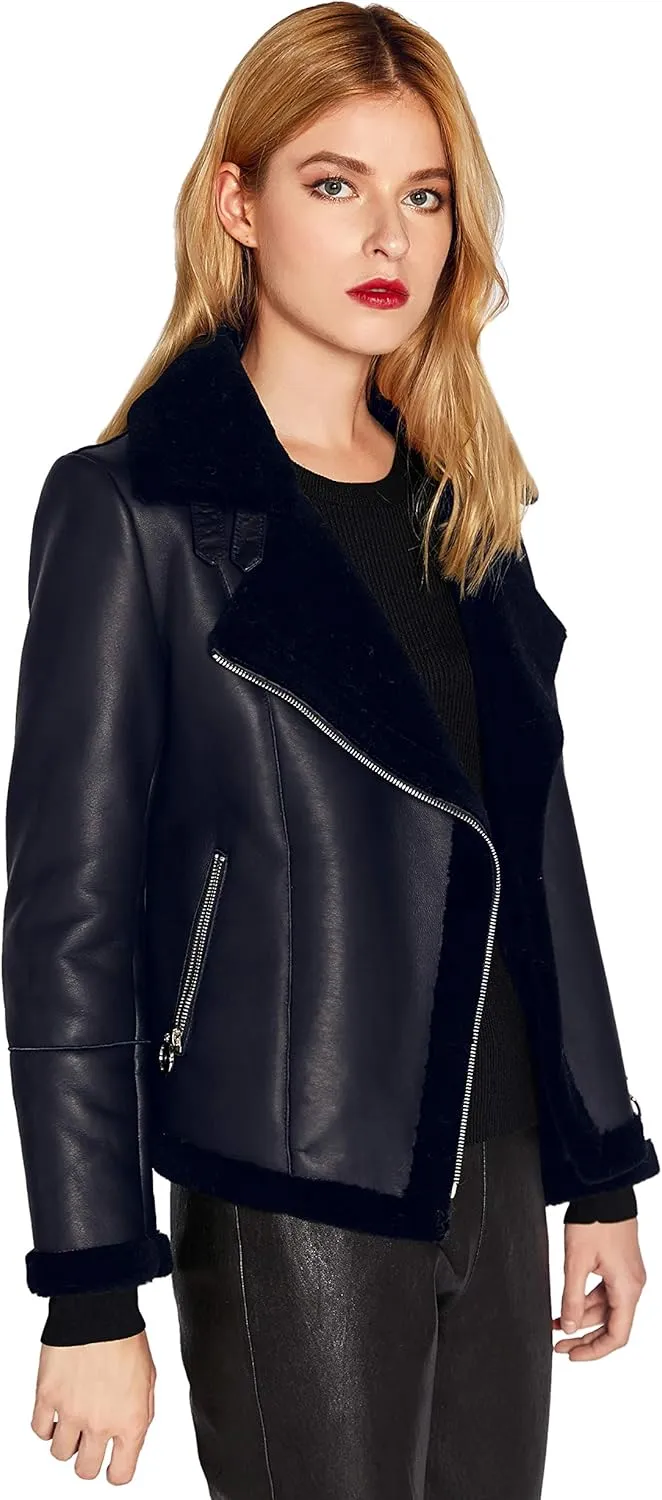 Women Genuine Lambskin Leather Jacket Lamb Shearling Zip Up Short Motorcycle Jacket