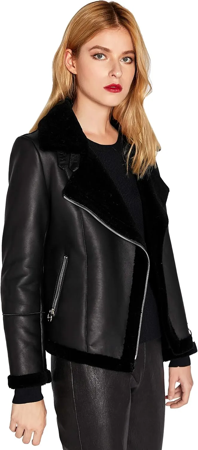 Women Genuine Lambskin Leather Jacket Lamb Shearling Zip Up Short Motorcycle Jacket